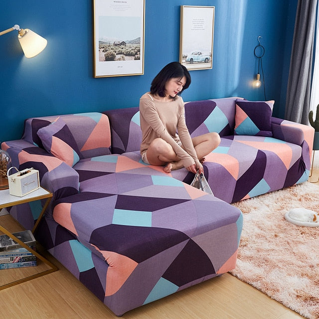 Geometric Couch Cover, Elastic Sofa Cover for Living Room & Pets Corner L Shaped Chaise Longue Sofa Slipcover