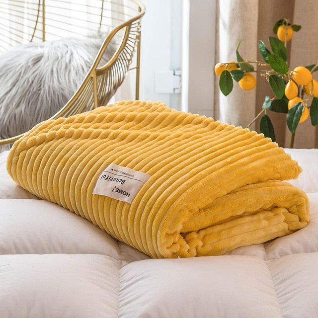 Solid Color Soft Warm 300GSM Plaid Square Flannel Blanket For Beds - On the Bed Thickness Throw Blanket