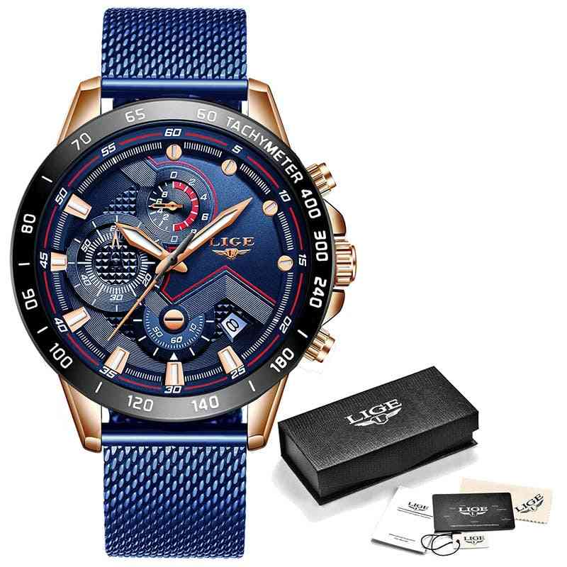 Luksus armbåndsur kvarts ur blå ur - vandtæt sport kronograf - helt blå