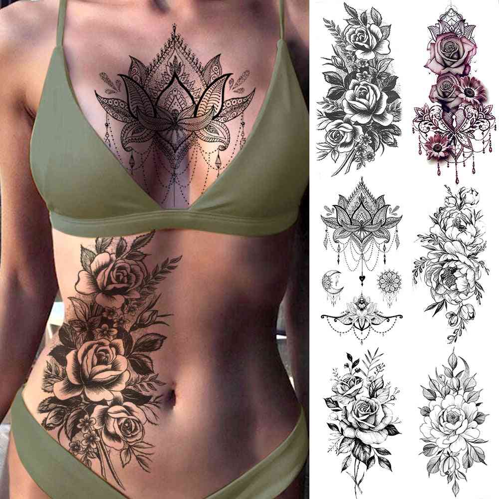 Adesivi temporanei per tatuaggi finti con trasferimento dell'acqua per donna - corpo, petto, vita, polso - rose
