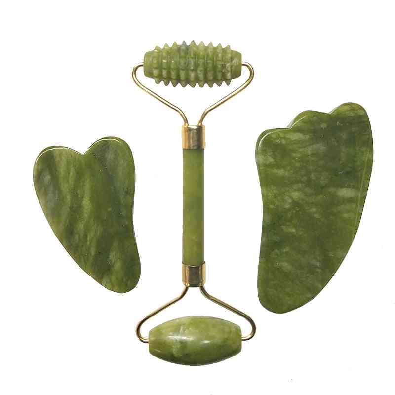 Natural Jade Roller Facial Massager - Real Stone Set Guasha Tool