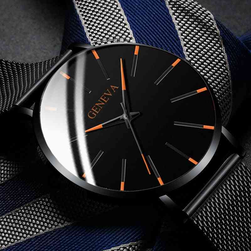 Moda masculina minimalista relógios ultrafinos - cinto de malha de aço inoxidável relógio de quartzo