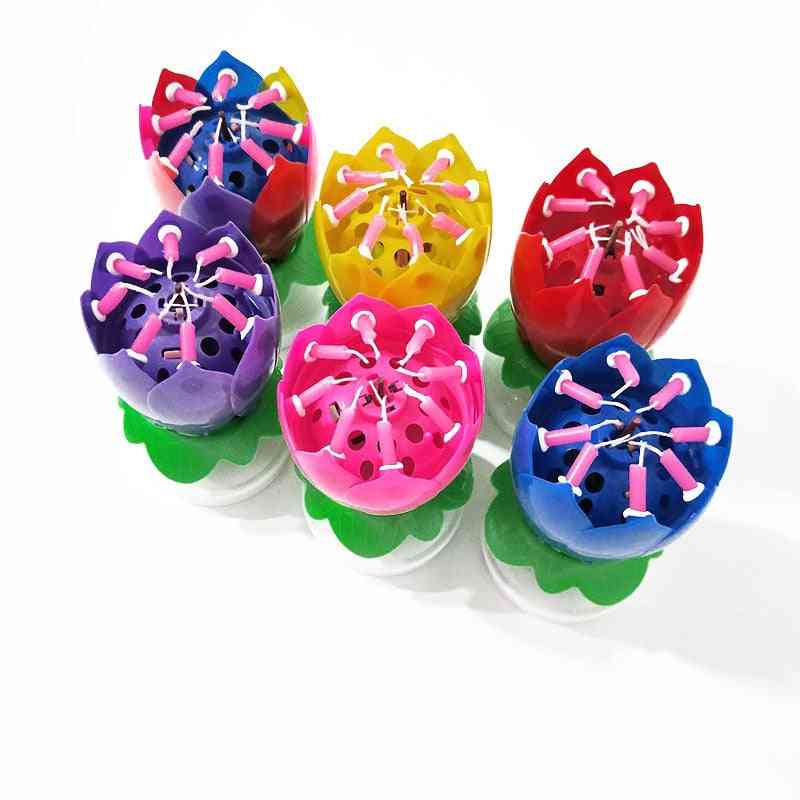 Rainbow Double Lotus Flower Music Candle - Colorful Rotatable Birthday Cake Lotus Candle