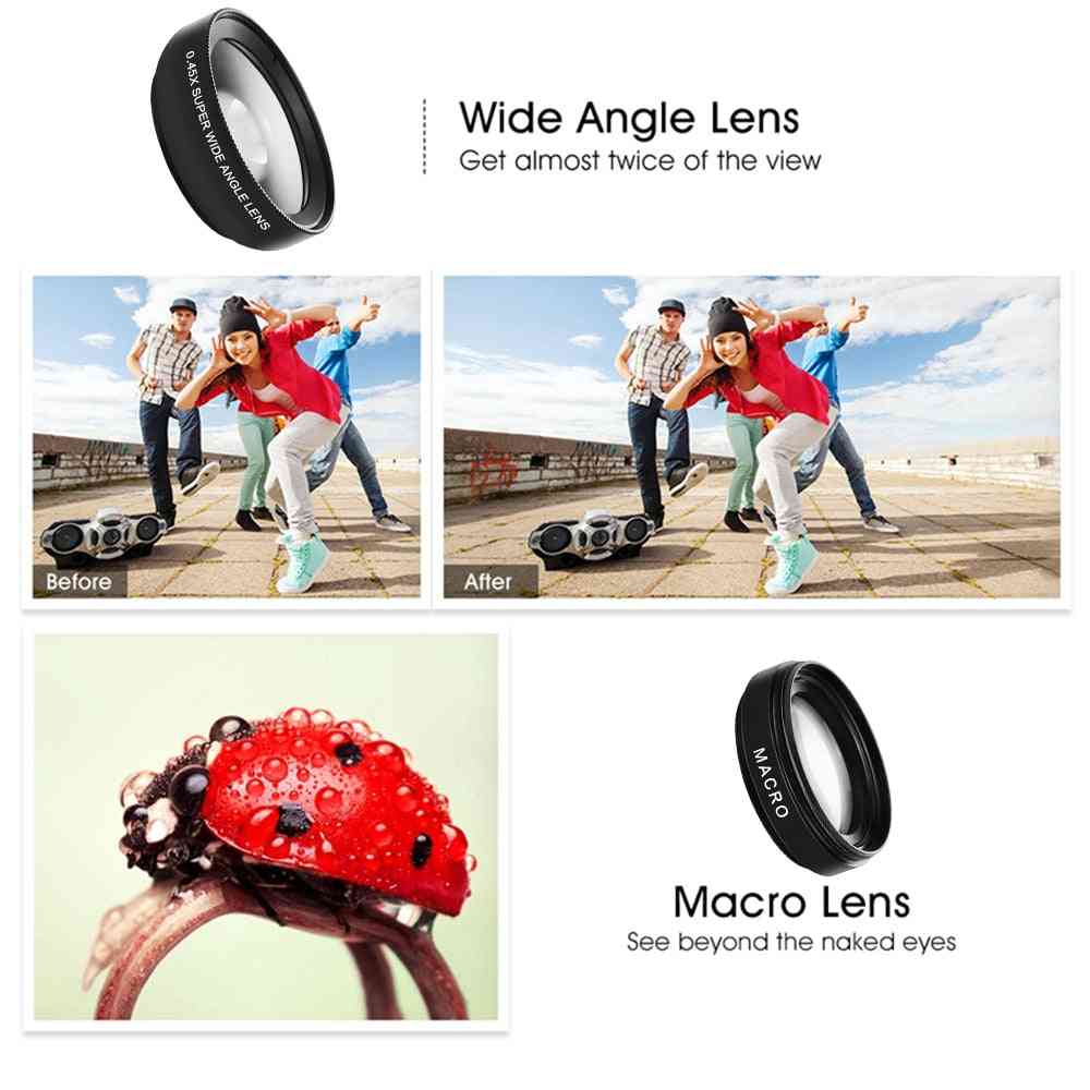 Mobile Phone Lens 0.45x Wide Angle Len & 12.5x Macro With Hd Camera And Lens Universal For Iphone / Android Phone