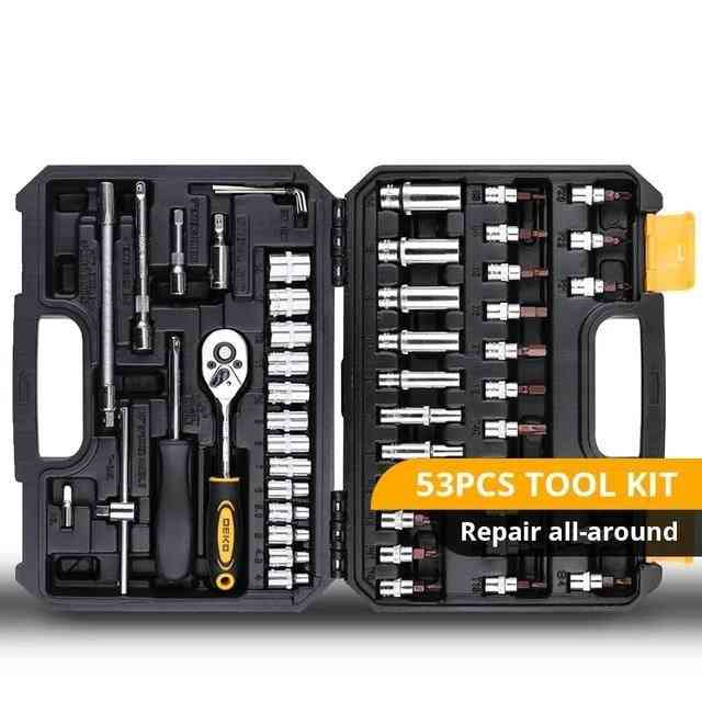 Repair Hand Tool Kit With Plastic Toolbox Storage Case Socket, Wrench Screwdriver, Knife