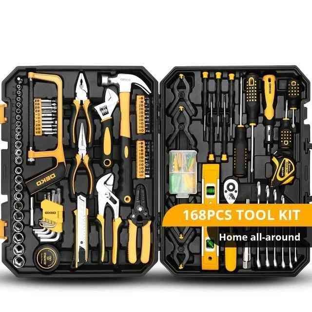 Repair Hand Tool Kit With Plastic Toolbox Storage Case Socket, Wrench Screwdriver, Knife