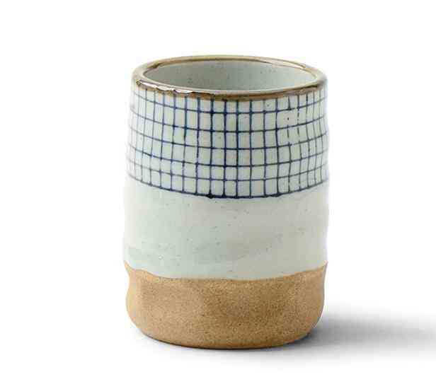 Keramisk soppkopp grov keramik handmålad gittermönster tekopp