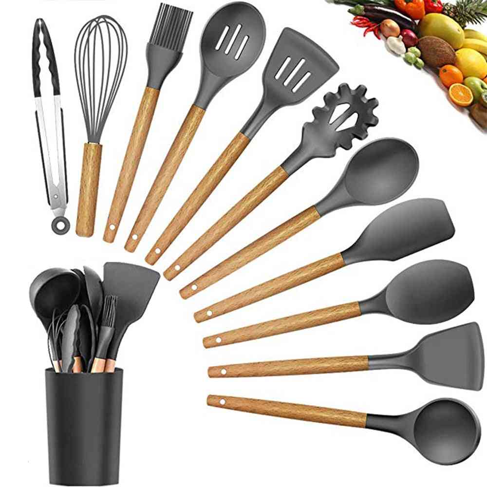Silicone Utensils Set,  Wooden Handle Cooking Tools With Storage Box