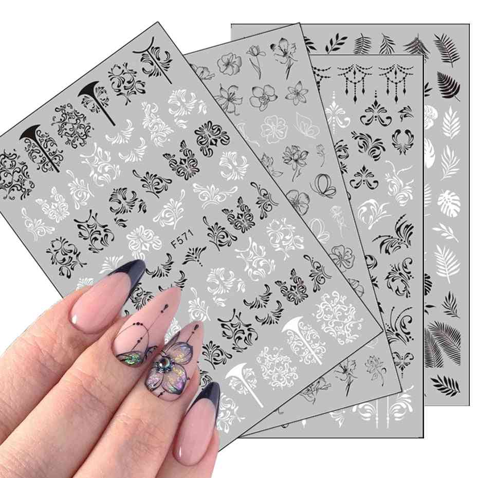 Decoraciones de uñas 3d con pegatinas de letras en blanco y negro para uñas - diseño lineal de hojas de flores
