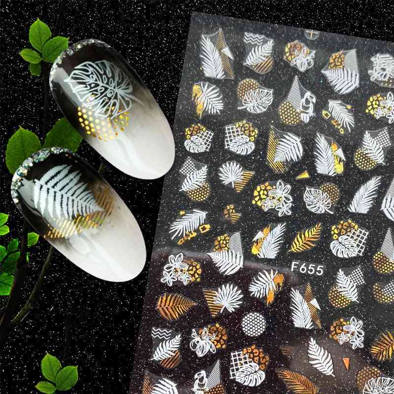 Nail art stickers décoratifs adhésifs d'or, noir, feuille blanche - glisseur géométrique de feuilles de manucure