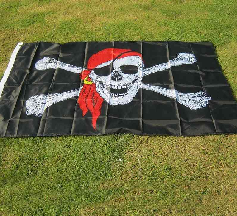 Vlajka aerlxemrbrae obrovská lebka a skrížené hnáty jolly roger pirátska vlajka - holloween závesná dekorácia