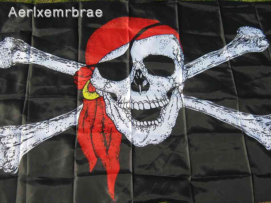 Vlajka aerlxemrbrae obrovská lebka a skrížené hnáty jolly roger pirátska vlajka - holloween závesná dekorácia