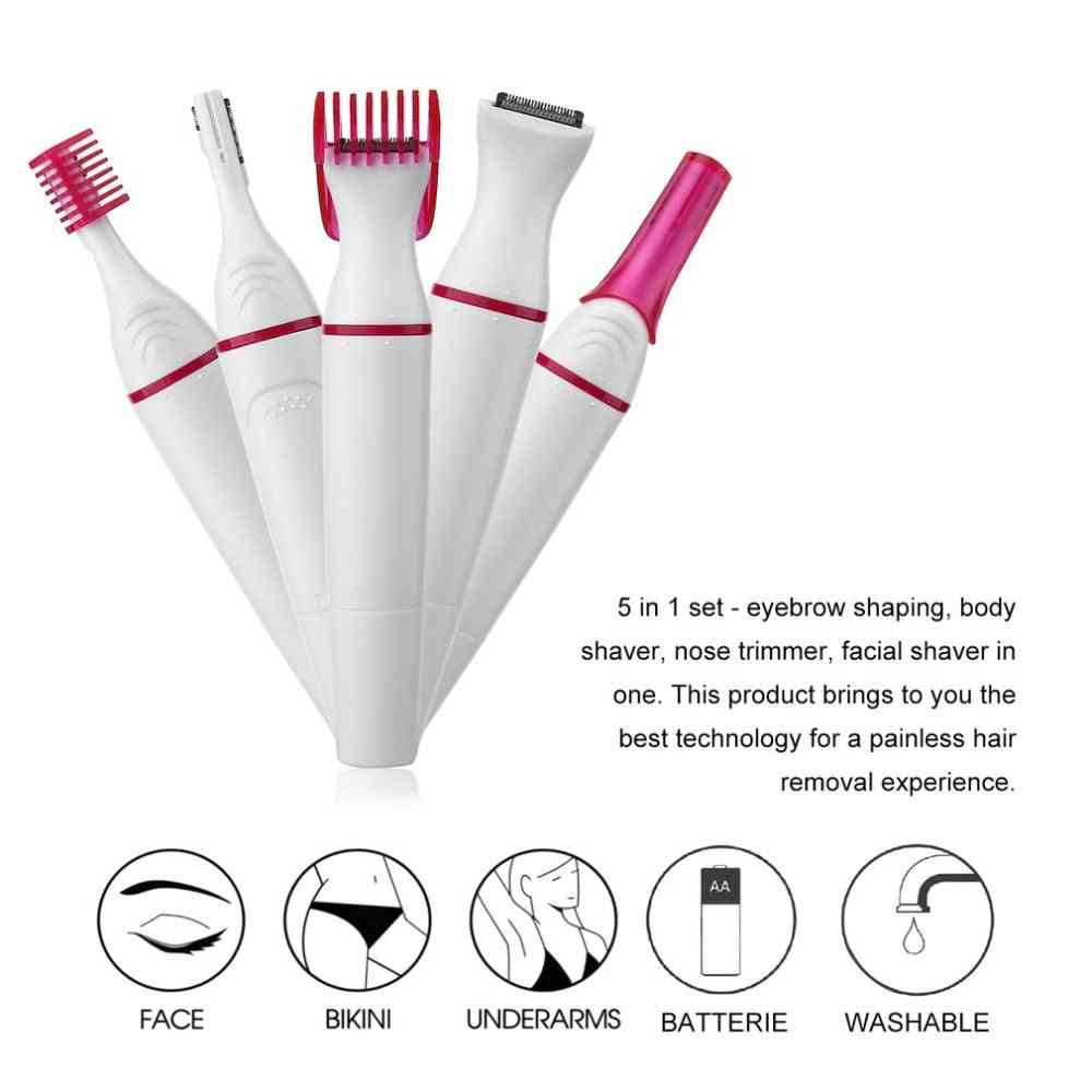 5 In 1 Set Electric Epilator For Hair Shaver - Painless Trimmer For Eyebrow, Nose ,body ,bikini Area ,facial Hair Removal