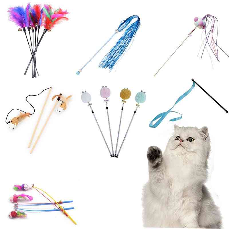 Juguetes divertidos para gatos gatito de plástico palo interactivo y caña de pescar juego varita juguete de plumas palo de juguete