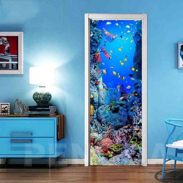 3d Self Adhesive Door Wall Art Decal On Fish Bottom World Sticker For Home Door Decoration