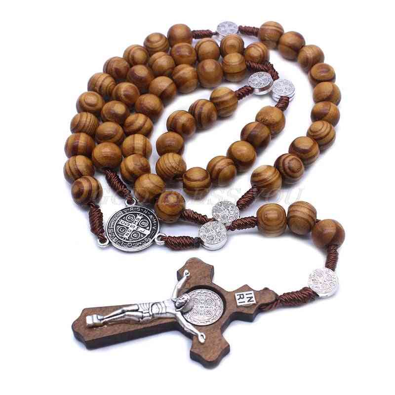 Muoti käsintehty pyöreä helmi katolinen rukousristi - uskonnolliset puuhelmet miesten kaulakoru