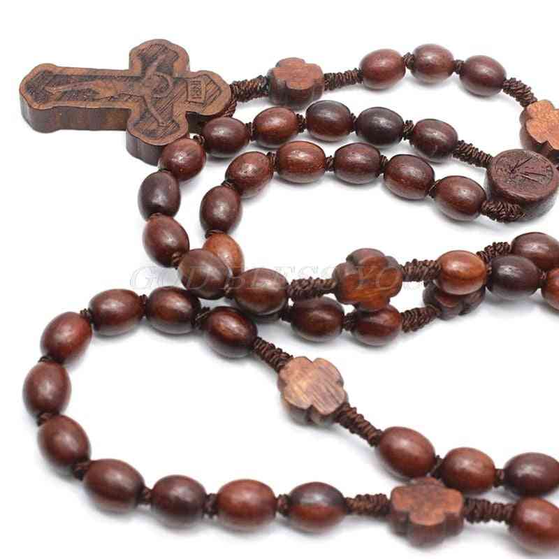 Muoti käsintehty pyöreä helmi katolinen rukousristi - uskonnolliset puuhelmet miesten kaulakoru