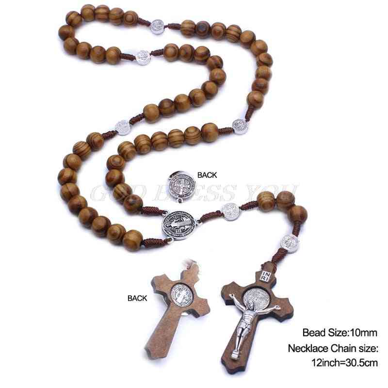 Fashion Handmade Round Bead Catholic Rosary Cross - Religious Wood Beads Men Necklace Charm