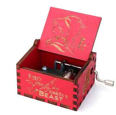 La bella y la bestia tema coleccionable antiguo tallado a mano manivela 18 tonos caja de música de madera - mn1-rojo