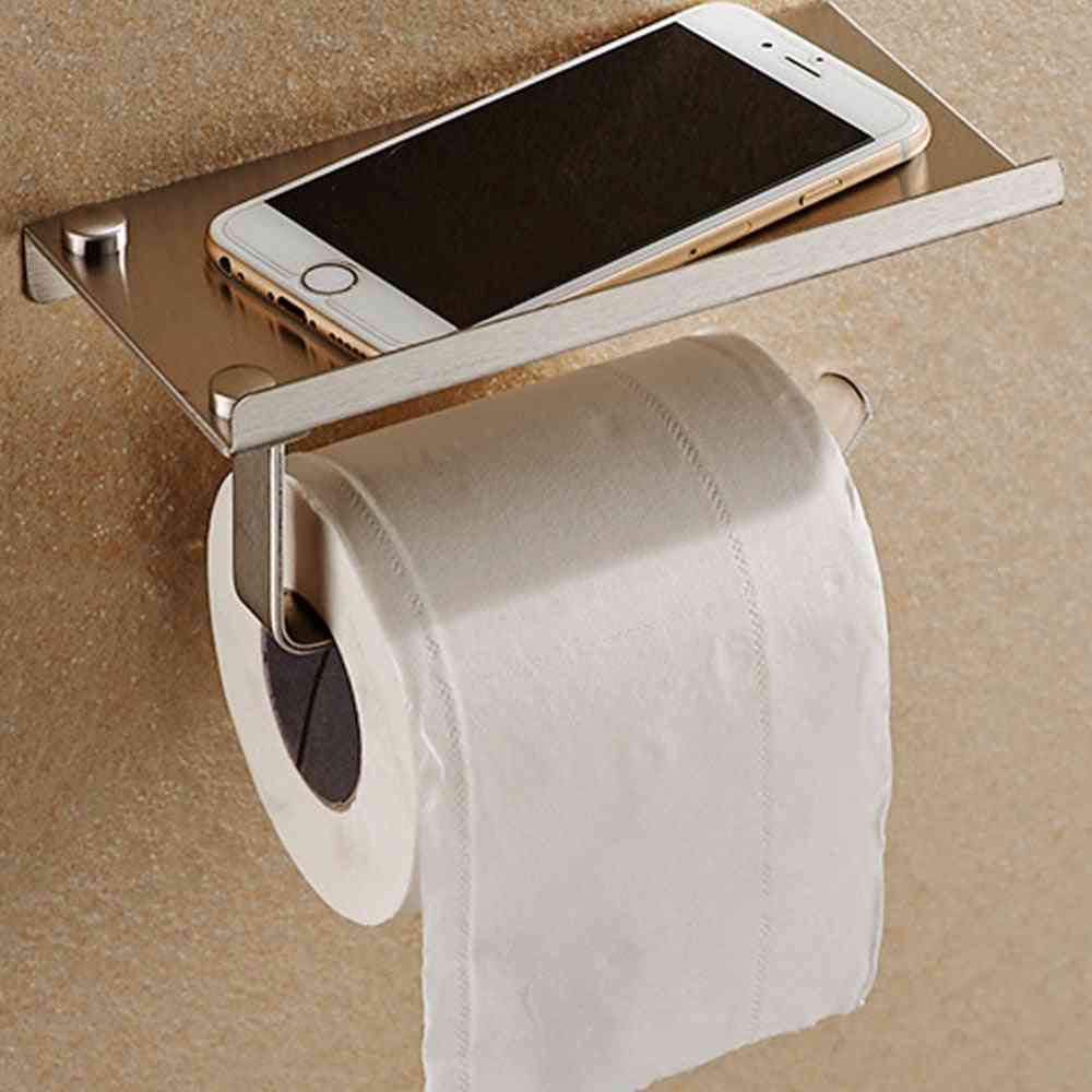 Stainless Steel, Wall Mount Toilet Roll Paper Holder With Storage Shelf
