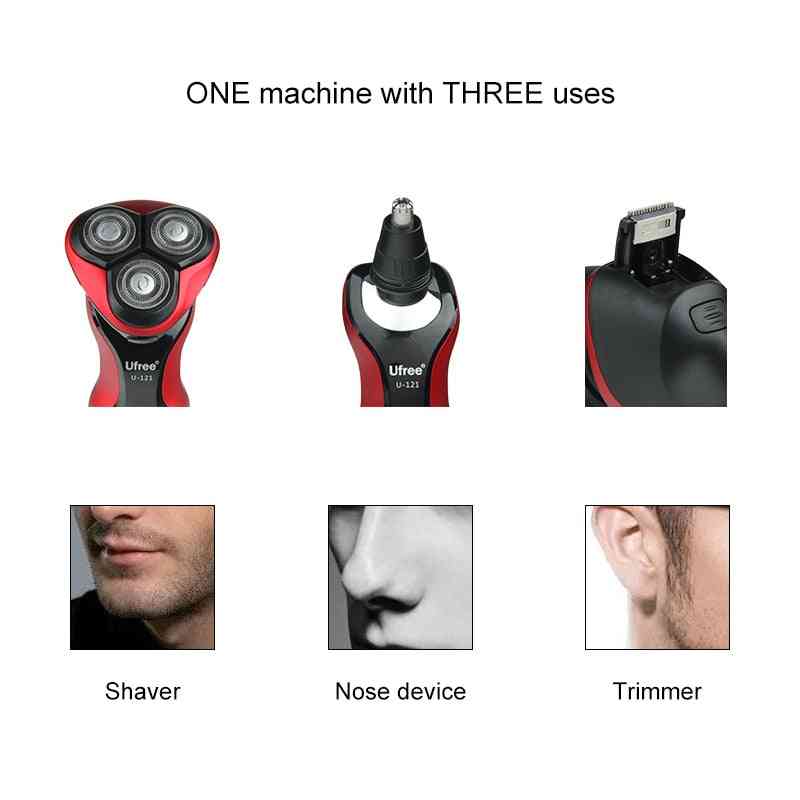 מכונת גילוח חשמלית נטענת נירוסטה 3in1, סכין גילוח 3D משולש להב צף טיפול פנים - גוזם שיער באף