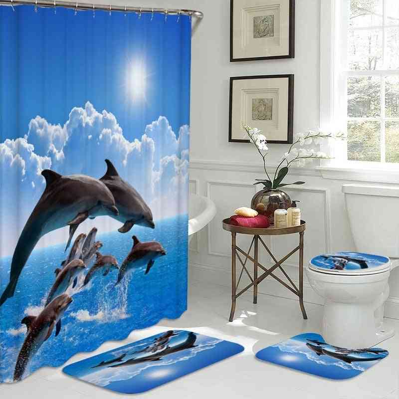 Vedenpitävä 3d delfiinien valtameren muotoinen suihkuverho ja wc-matto kylpyhuoneelle