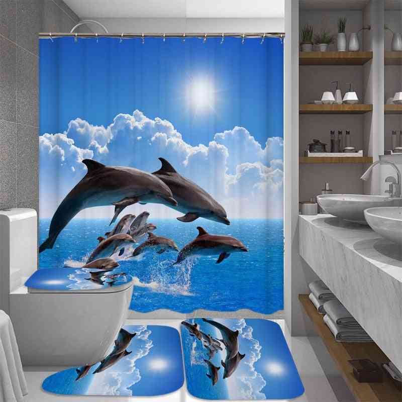 Waterproof, 3d Dolphin Design-shower Curtain And Toilet Mat Set
