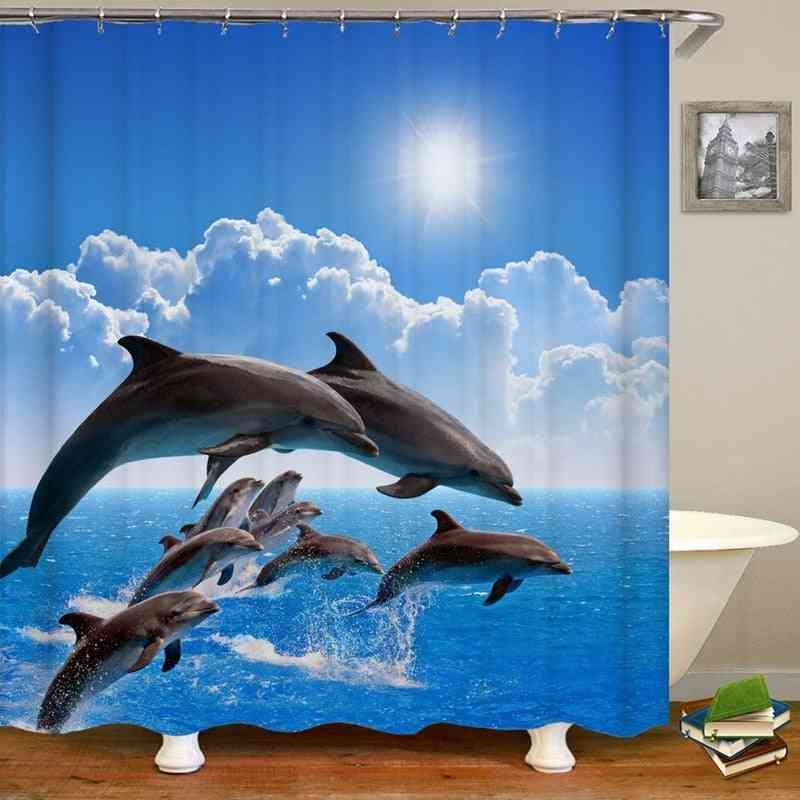 Vodotěsný, 3D design s delfínem - sprchový závěs a sada toaletních rohoží