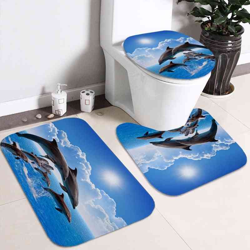 Waterproof, 3d Dolphin Design-shower Curtain And Toilet Mat Set