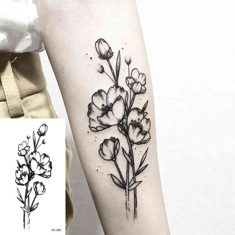 Temporary Tattoo Of Black Flower Sleeves Water Transfer, Peony Rose