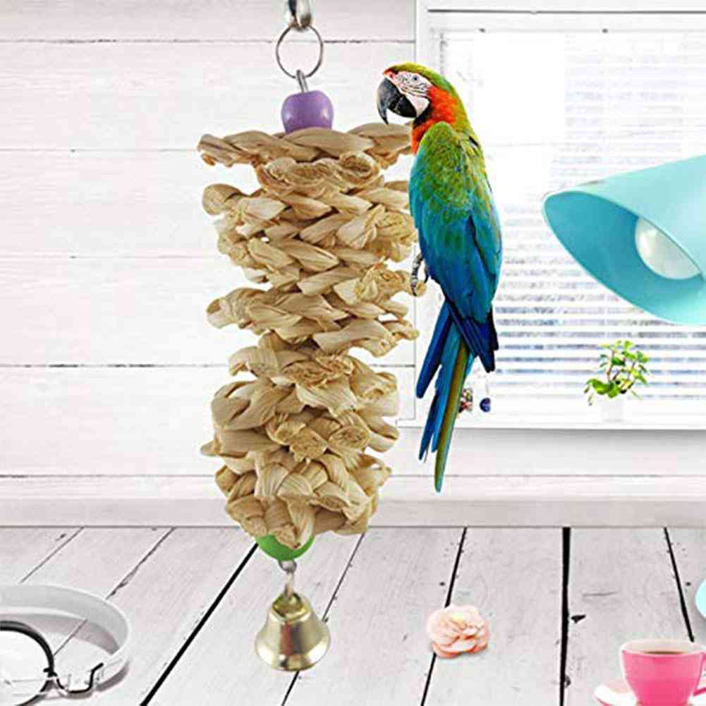 Madár papagáj játék hozzáadása haranggal természetes fából készült fű rágásmarás lógó ketrec hinta hinta mászni rágós játékok