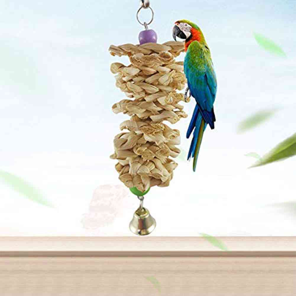Madár papagáj játék hozzáadása haranggal természetes fából készült fű rágásmarás lógó ketrec hinta hinta mászni rágós játékok