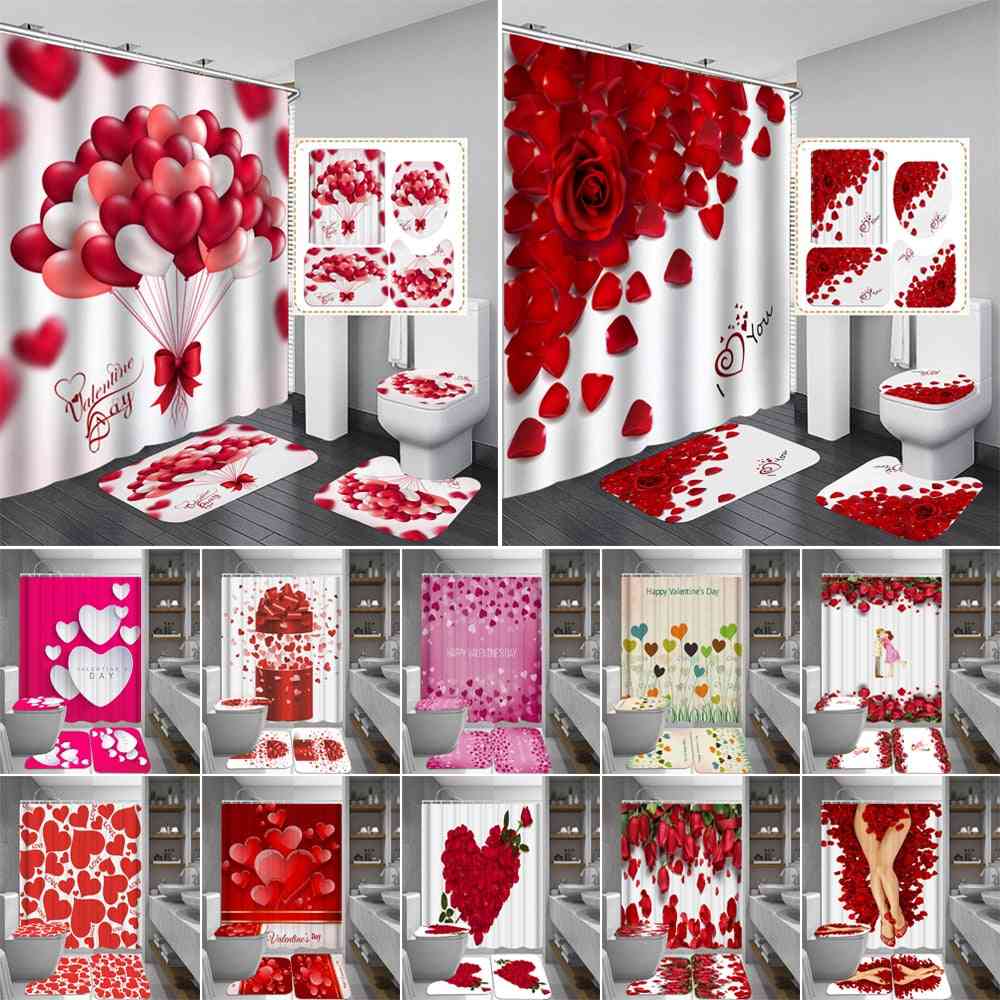 Happy Valentines Day Shower Curtains Bathroom Curtain Rose Petal Love Bath Sets Toilet Cover Mat Non-slip Washroom Rug Set