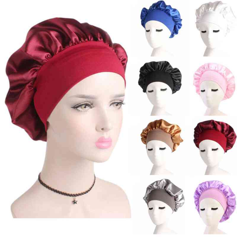 Long Hair Care Women Satin Bonnet Cap Night Sleep Hat Silk Head Wrap Adjust Shower Caps