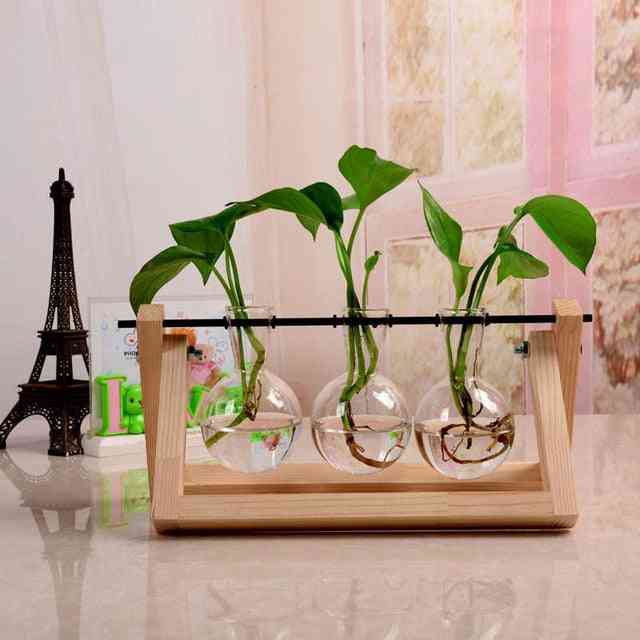 Kreative hydroponiske planter gennemsigtige terrarium træramme vaser dekorationer - glas bordplade plante bonsai dekor blomster vase