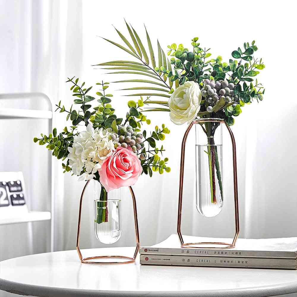 Nordic Glass Vase Metal Stand With Artificial Flower Decoration