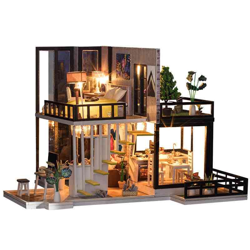 Doll Wooden Houses With Kitchen Miniature Villa Dollhouse And Furniture Kit For Kids