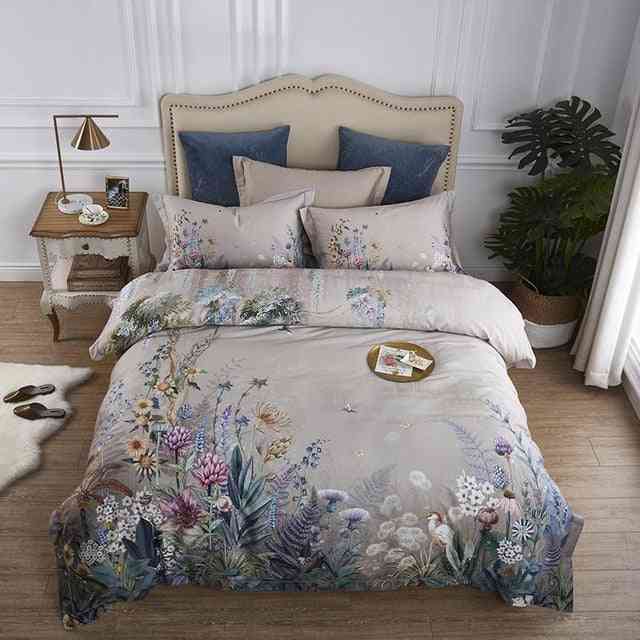 Vtáky a kvety listová šedá ošúchaná egyptská bavlnená posteľná súprava