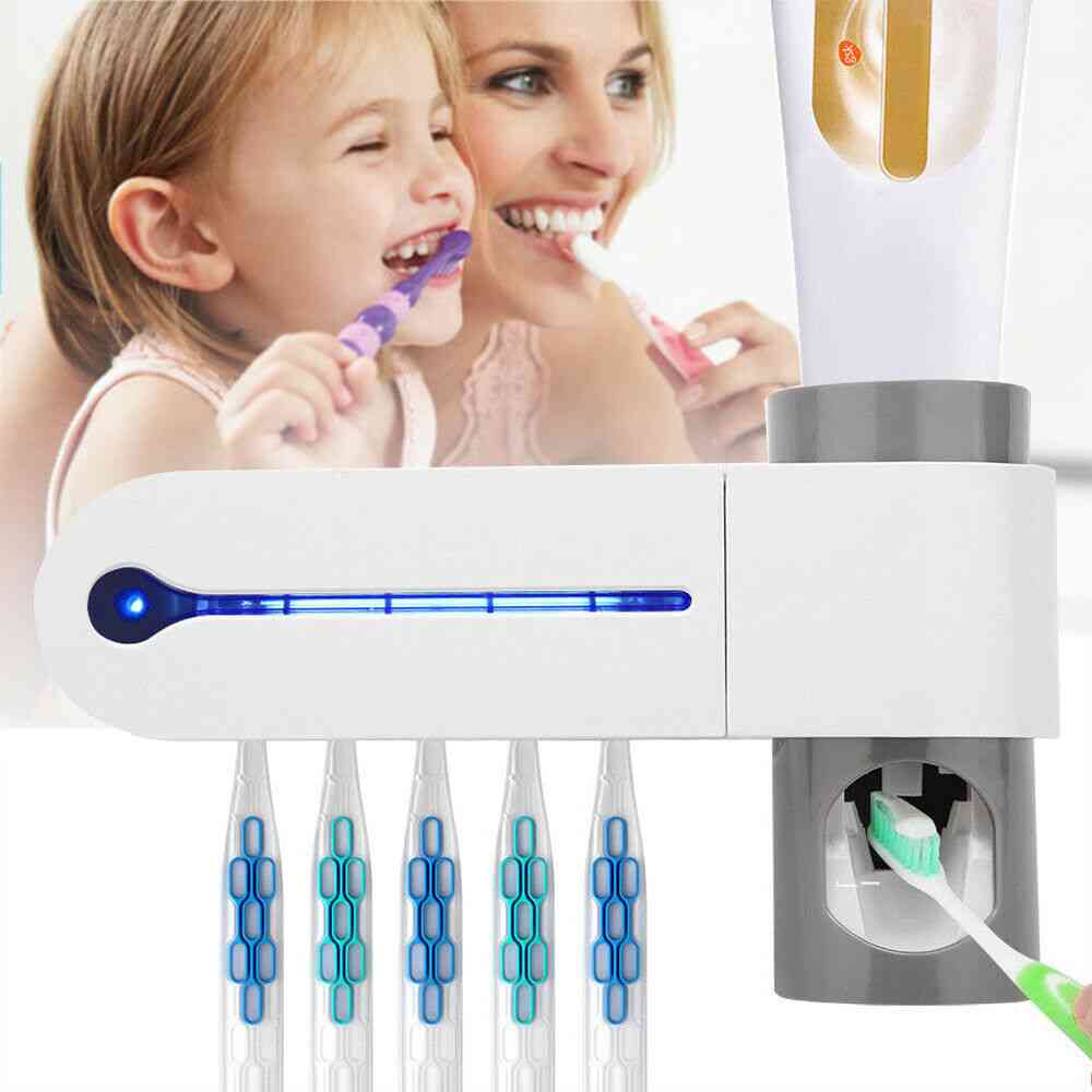 Ultrafialový sterilizátor zubnej kefky, držiak a automatický dávkovač žmýkačiek