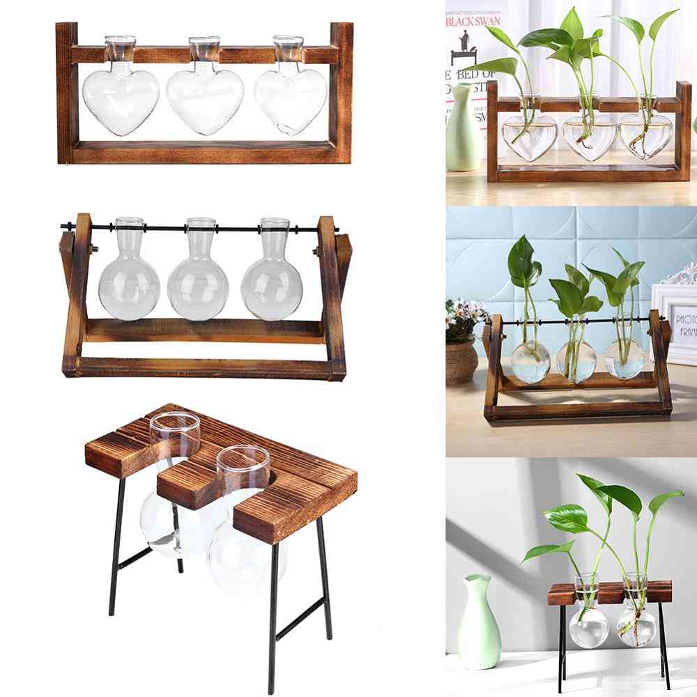 Glass And Wood Vase Planter, Terrarium Table Desktop Hydroponics, Bonsai Flower Pot Hanging Pots With Wooden Tray