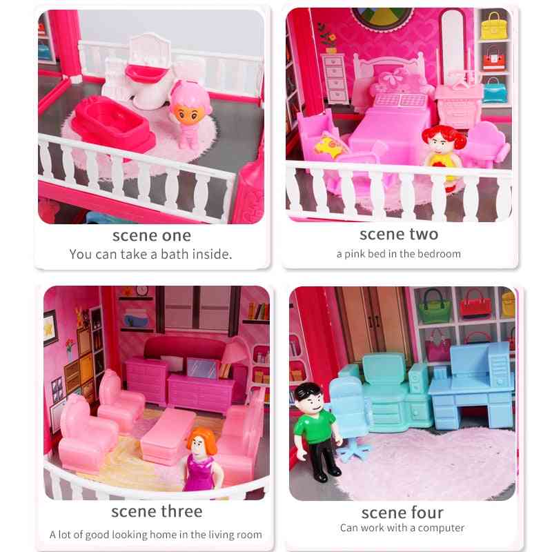 Pink Assemble Princess Villa Handmade , Construction Doll House - Miniature Furniture Dollhouse For