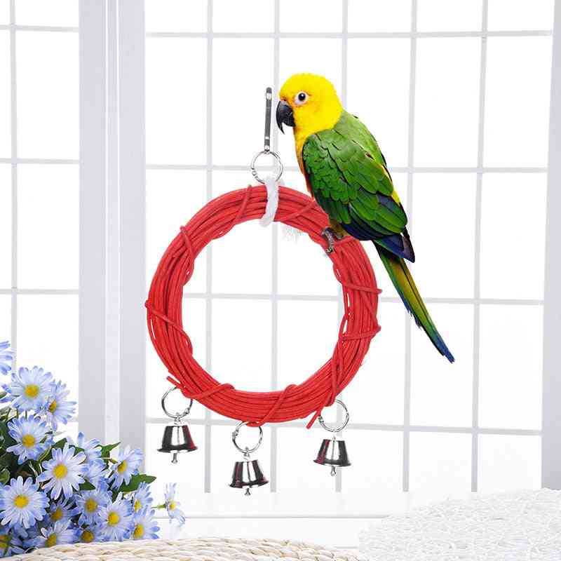дървена стойка, игрална стойка, люлка дървен пръстен за папагал птица висящи играчки с камбана