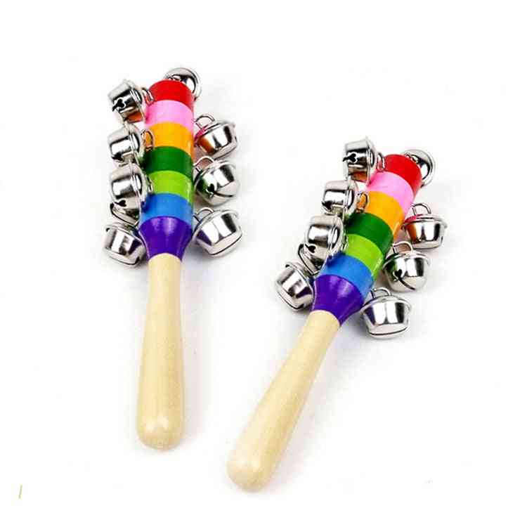 Baby Wooden Rattle Rainbow Color Hand Bell - Educational