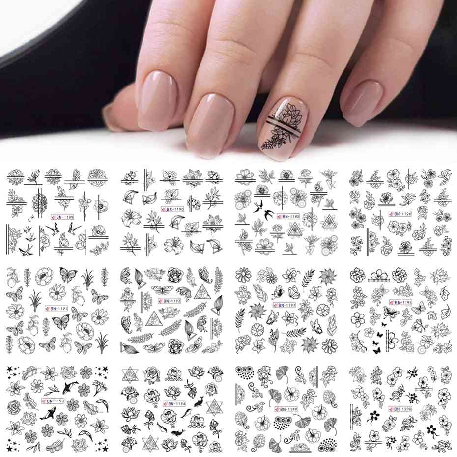 12pcs Mix Black Flower Nail Art Sticker- Decals Hollow Floral Butterfly, Water Transfer Slider Manicure Decoration