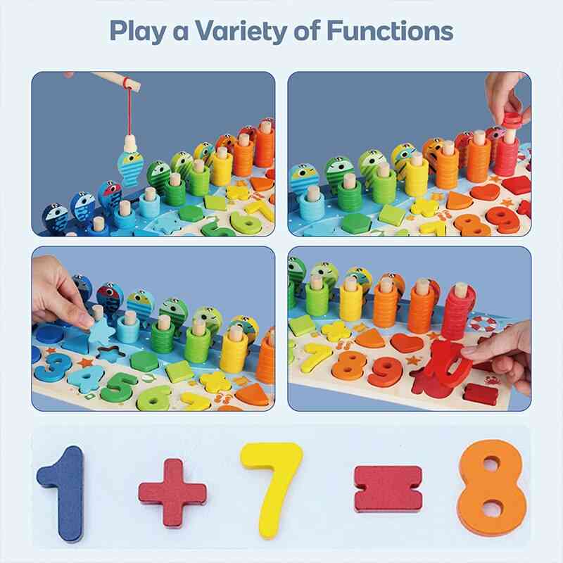 Kinder pädagogische Holz, 5 in 1 Fischerei Anzahl Zahlen passend digitale Form Log Board Puzzle Spielzeug - 4 in 1 Satz