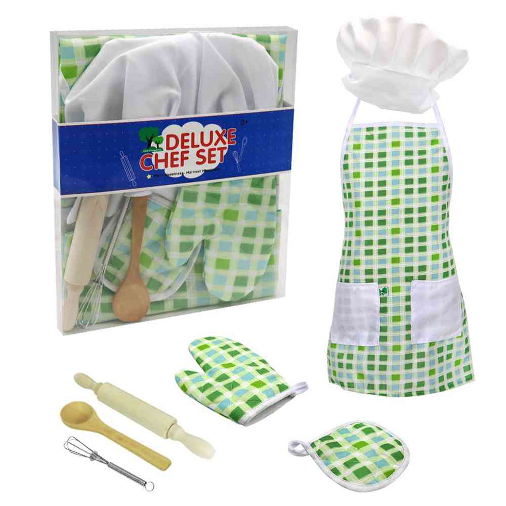 12pc enfants ensemble de cuisine et de cuisson costume de cuisine semblant jeu de rôle kit tablier chapeau pour enfants de 3 ans - vert
