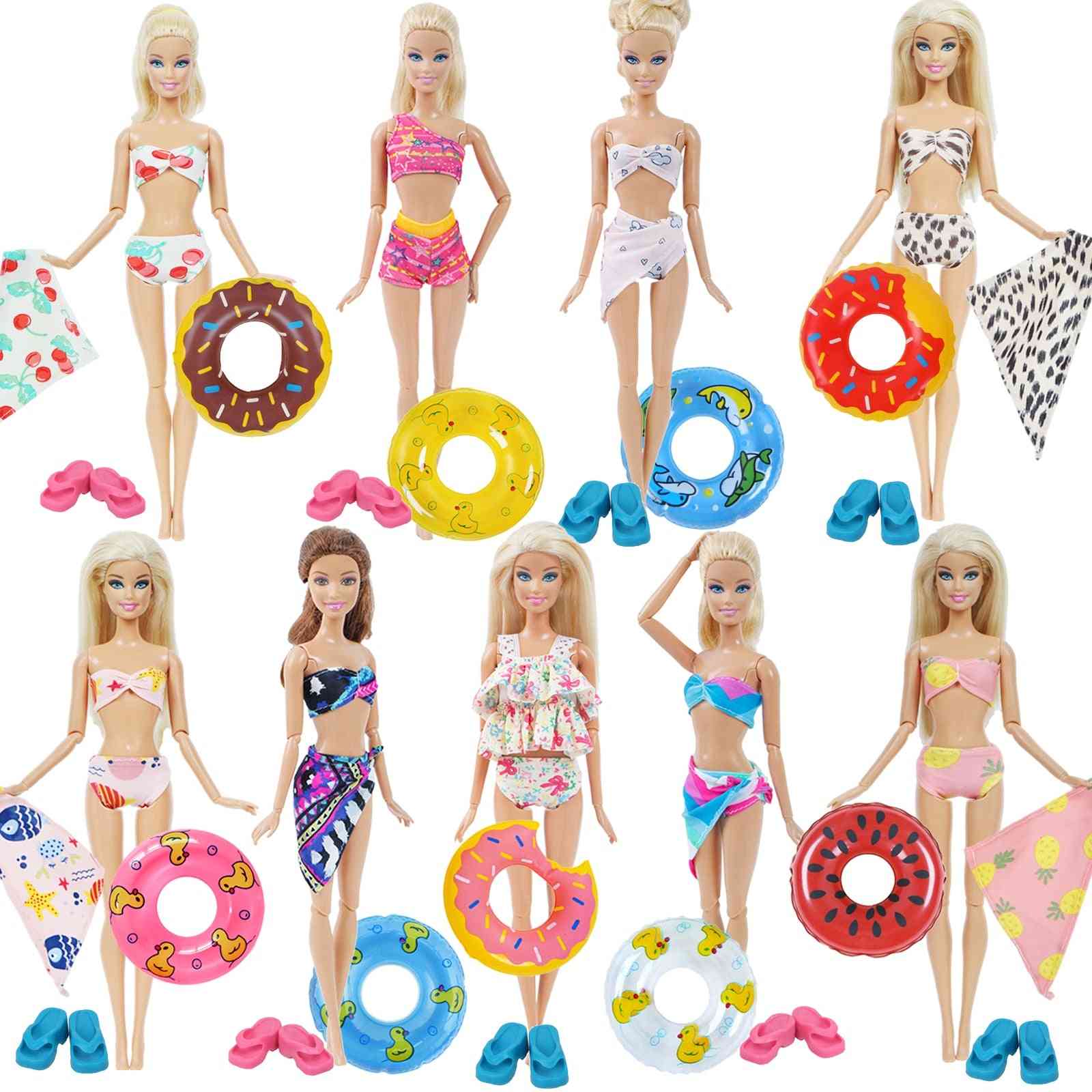 1x dukke badetøj strand badetøj dejlig bikini badedragt, tilfældig 1x svømning bøje livbælte ring til barbie dukke pige legetøj - 1