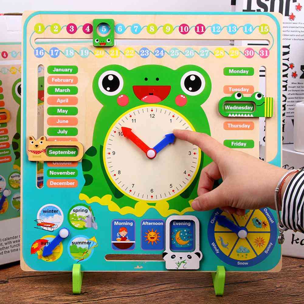 Dřevěná montessori, hodiny kalendář počasí sezóna měsíc kognitivní deska děti čas poznávání předškolní vzdělávací hračka