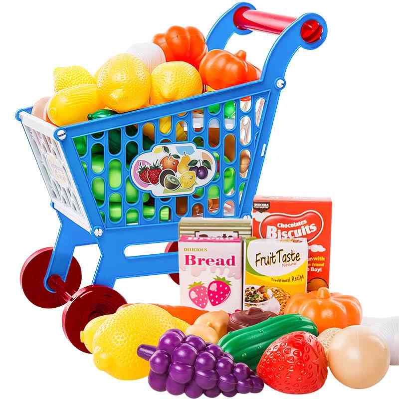 Children Role Play Supermarket Toy -shopping Cart Trolley With Fruits And Vegetables Set