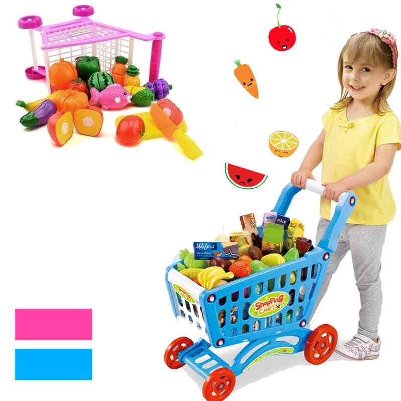 16pcs supermercado carrito de compras carrito de empuje, simulación frutas verduras pretent jugar comestibles juguete para niñas regalos para niños - azul